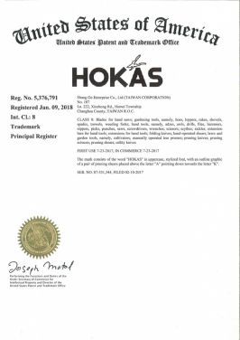 HOKAS Trademark Registration (The United States of America)